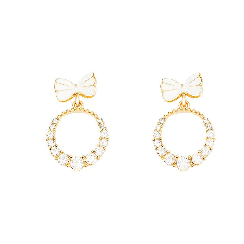 Women Teen Girls White Enamel Bow Rhinestone Circle Stud Lightweight Earrings