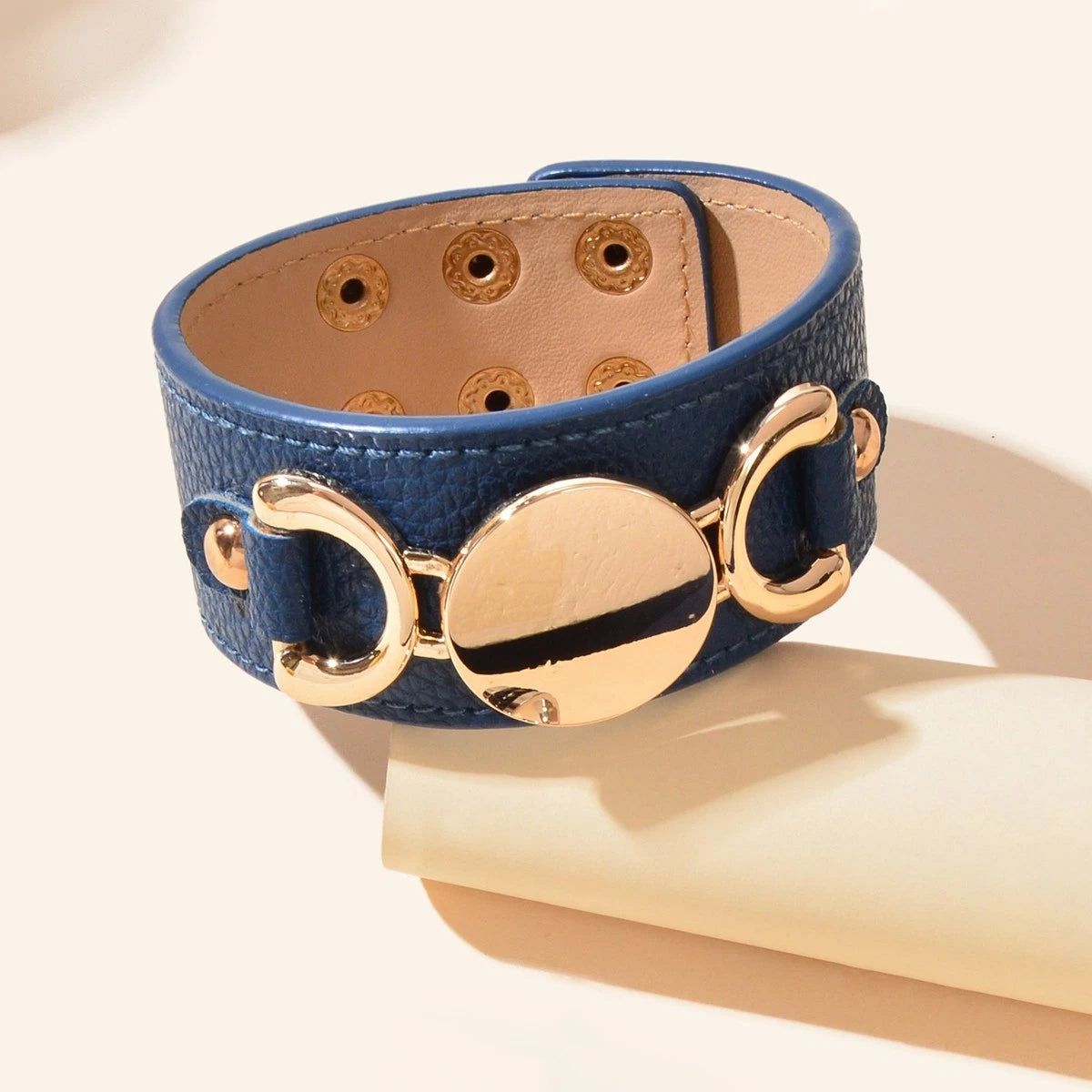 Casual Men's Jewellery Blue PU Leather Gold Metal Buckle Wide Wristband Bracelet