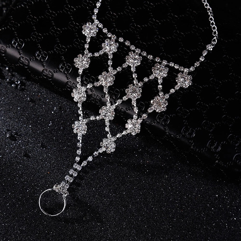 Wedding Party Bride Jewelry Luxurious Rhinestone Flower Ring Bracelet Connector