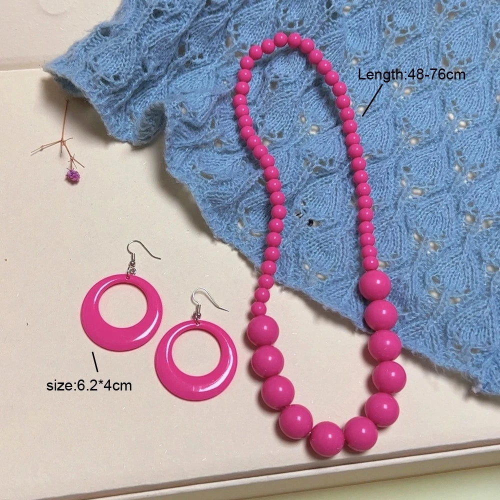 Chunky Hotpink Yellow Beaded Necklace Big Hollow Round Geometric Earrings Statement Set