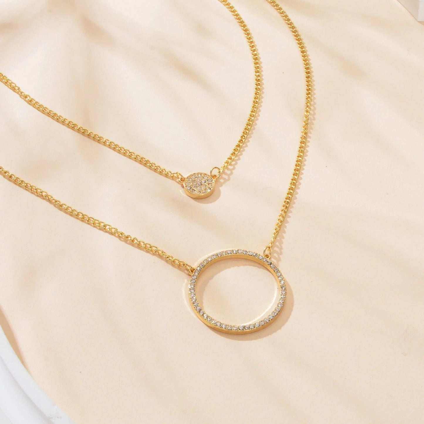 2 pcs Gold Silver Chain Rhinestone Round Circle Pendant Necklace Jewellery Gift