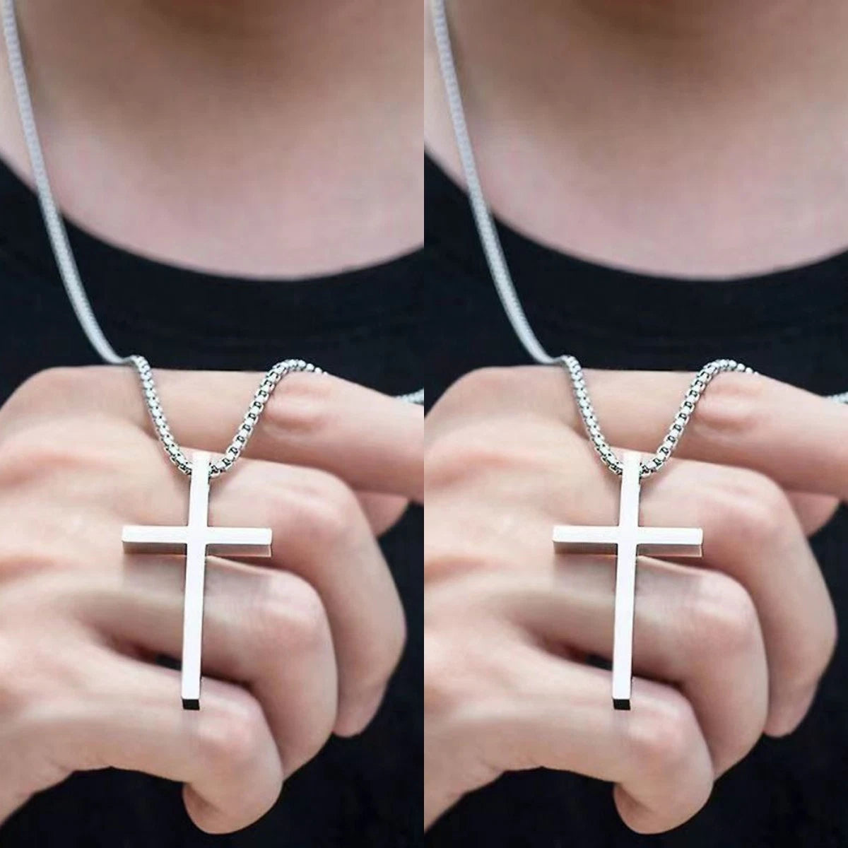 2 pcs Silver Long Chain Cross Pendant Necklace Street Jewelry for Women Men