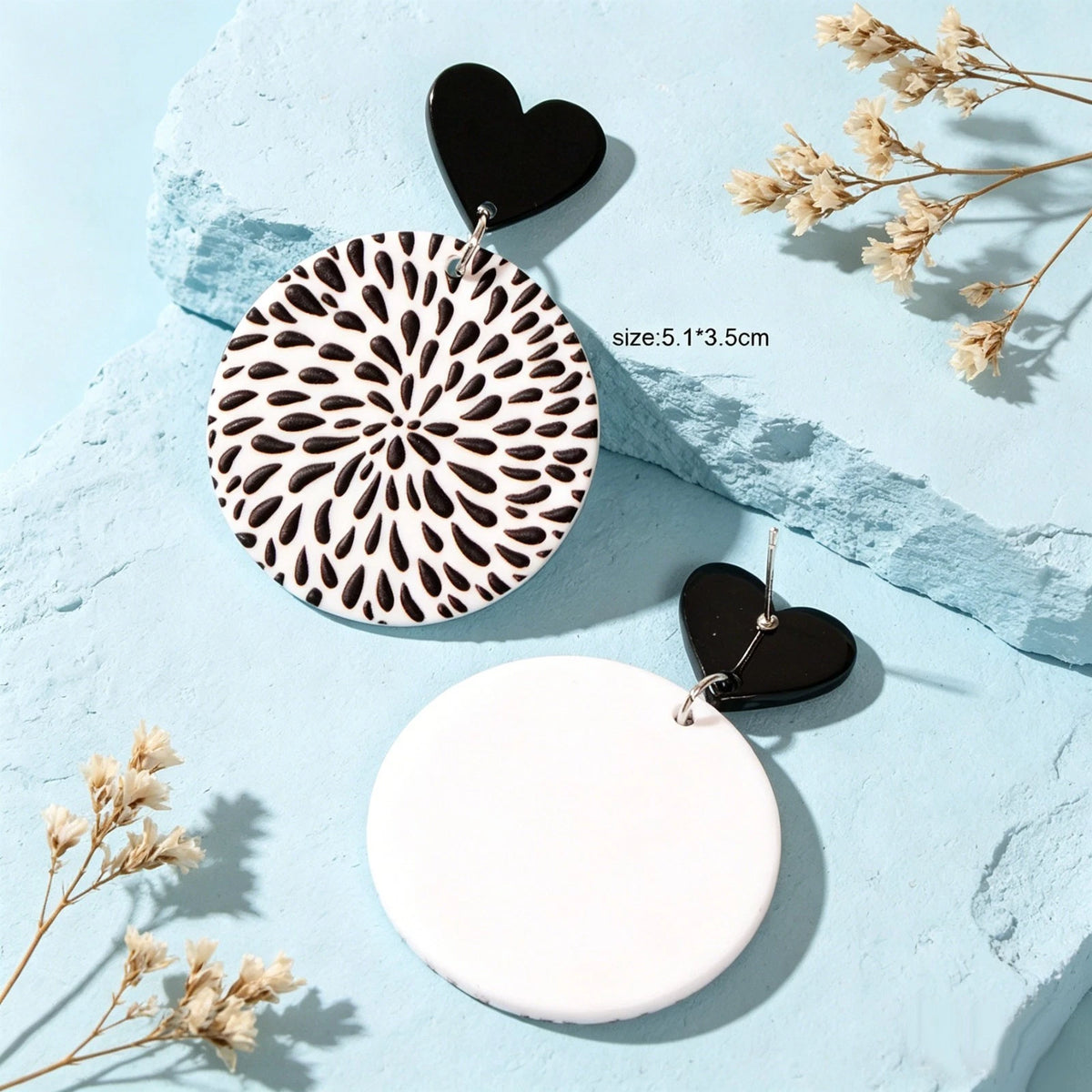 Boho Retro White Black Geometric Pattern Heart Round Acrylic Holiday Earrings