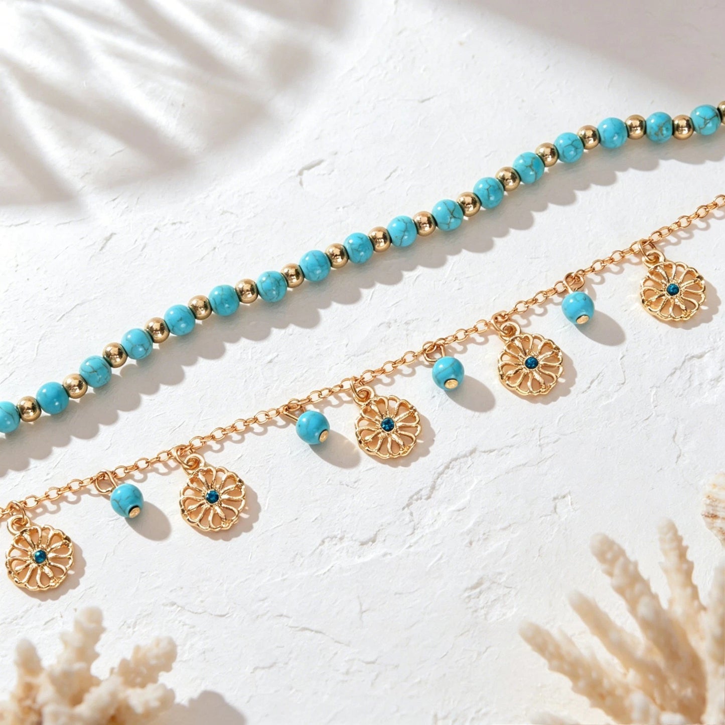 Turquoise Beads Double-Layered Anklet Round Pendant Boho Chic Foot Jewellery