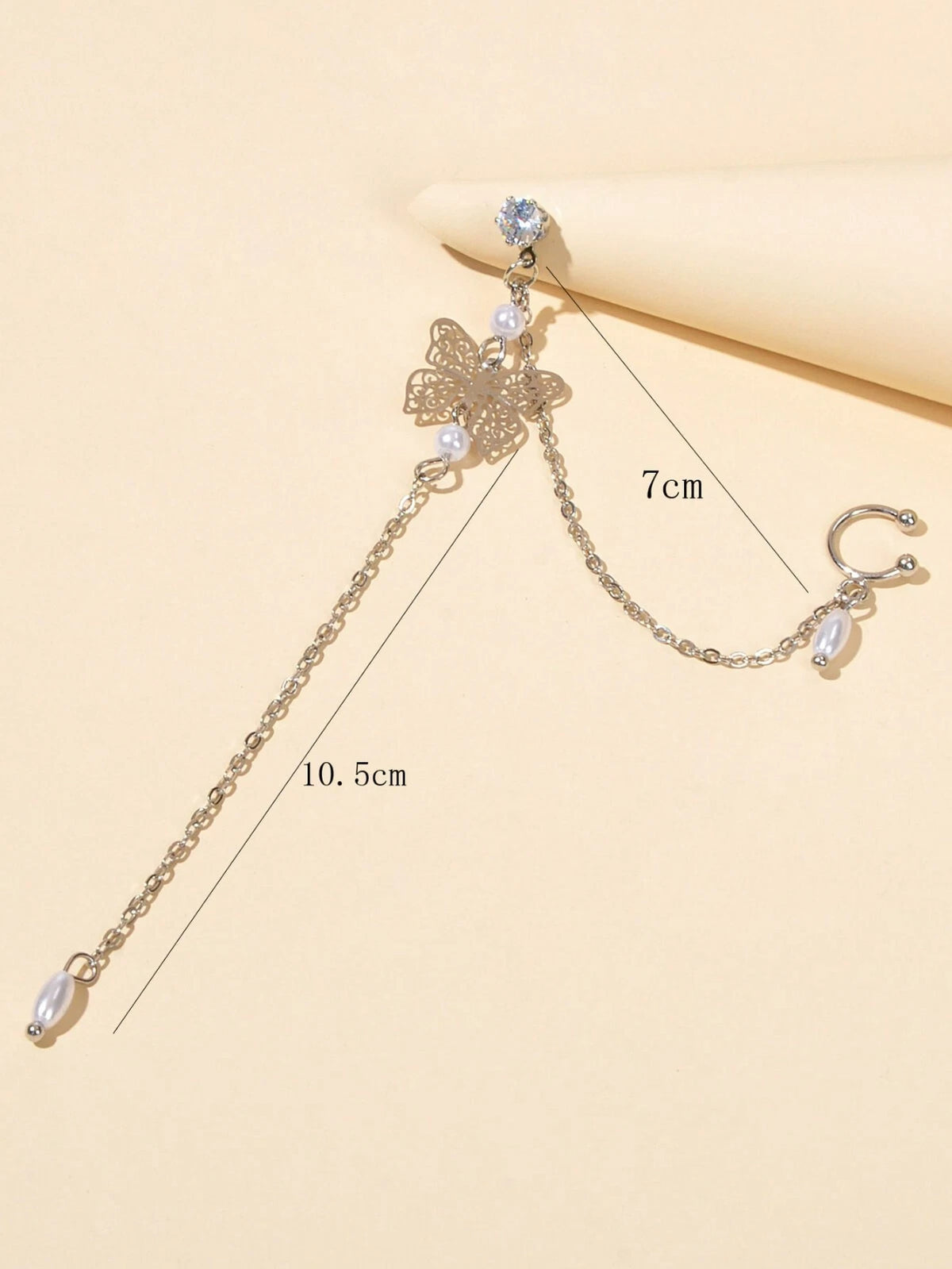 1pc Crystal Pearl Butterfly Long Chain Cartilage Stud Earring Stunning Ear Cuff