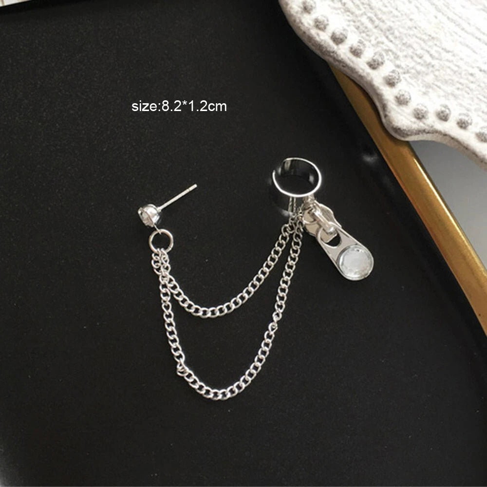 1pc Punk Silver Chain Rhinestone Zipper Shape Stud Cartilage Earrings Ear Cuff