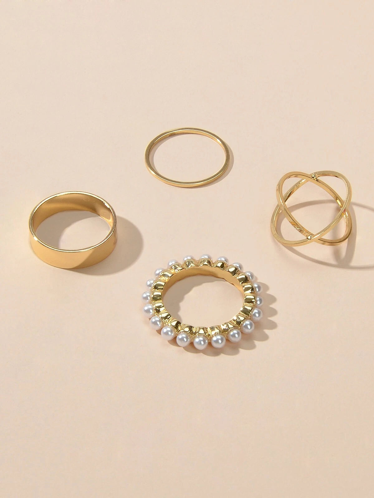4 pcs Fashion Jewellery Pearl Decor Gold Geometric Midi Finger Knuckle Rings set