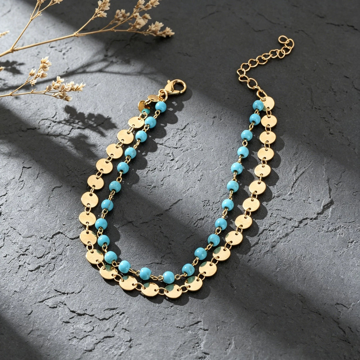 Bohemian Style Beach Vacation Gold Silver Disc Chain Turquoise Bead Layered Anklet Foot