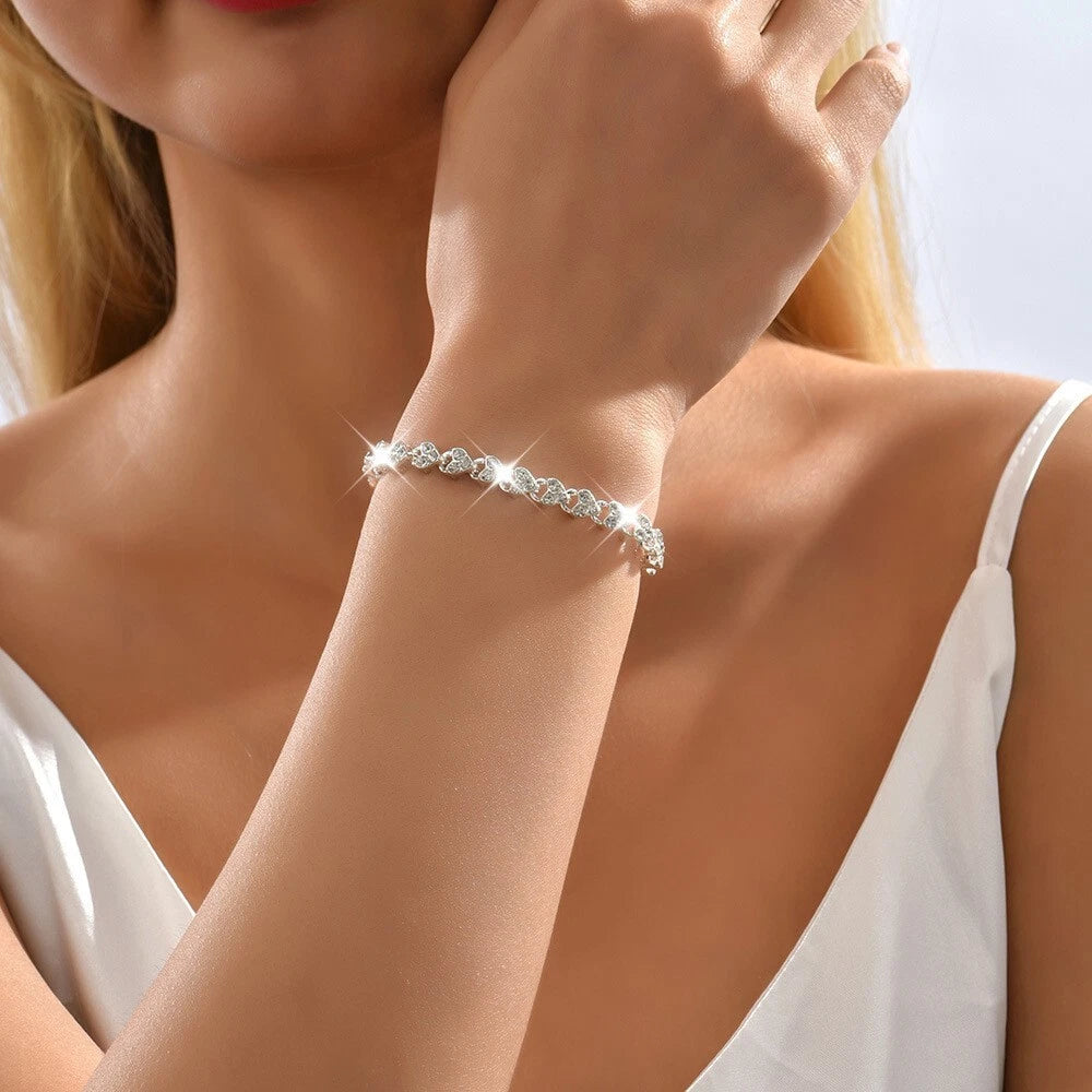 Feelontop Heart Jewellery Silver Chain Cubic Zirconia Tennis Collection Bracelet