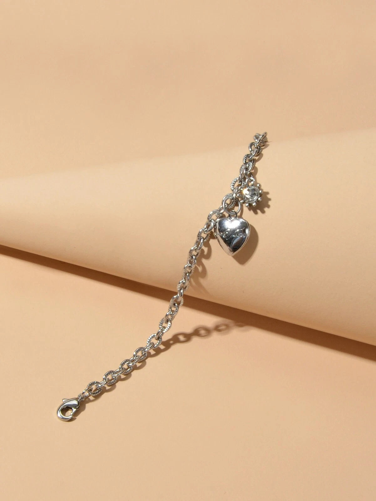 Anniversary Wedding Jewellery Silver Chain Rhinestone Decor Heart Charm Bracelet