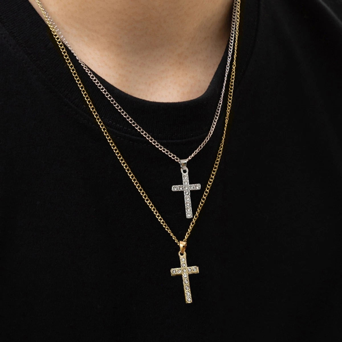 2 pcs Men Gold Silver Chain Rhinestone Decor Cross Pendant Necklaces set