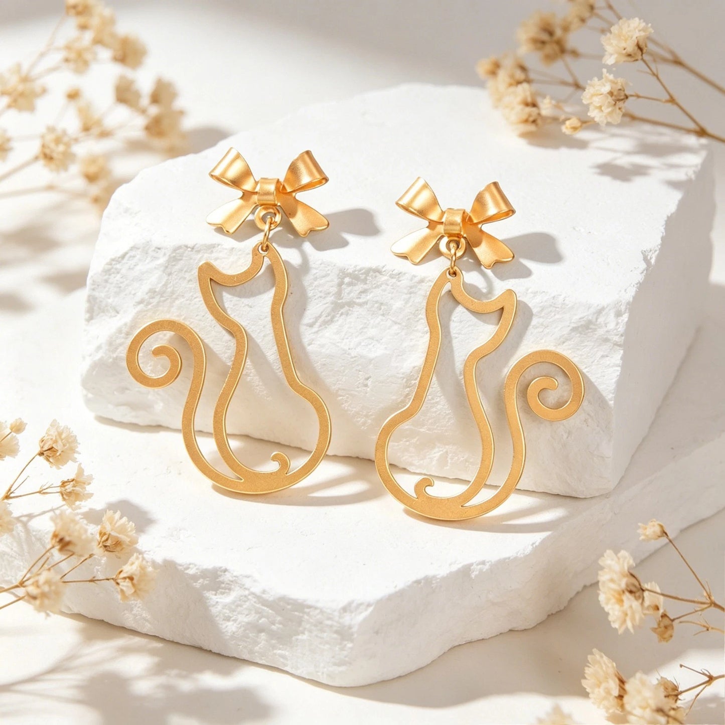Kawaii Aesthetic Hollow Bow Tie Cat Dangle Earrings Animals Design Accessories