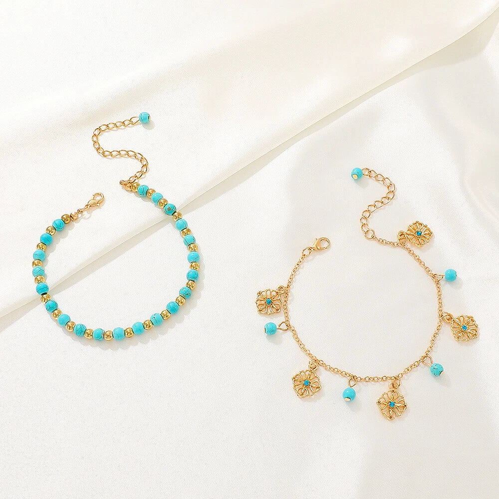 Turquoise Beads Double-Layered Anklet Round Pendant Boho Chic Foot Jewellery