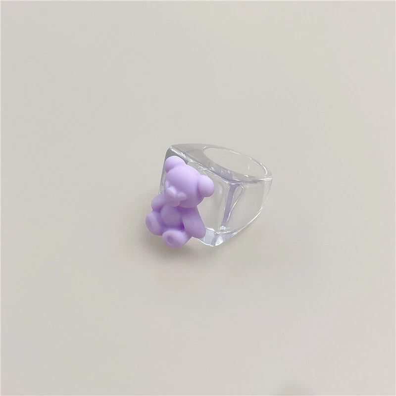 3D Cartoon Purple Orange Bear Plastic Transparent Chunky Trendy Finger Ring Gift
