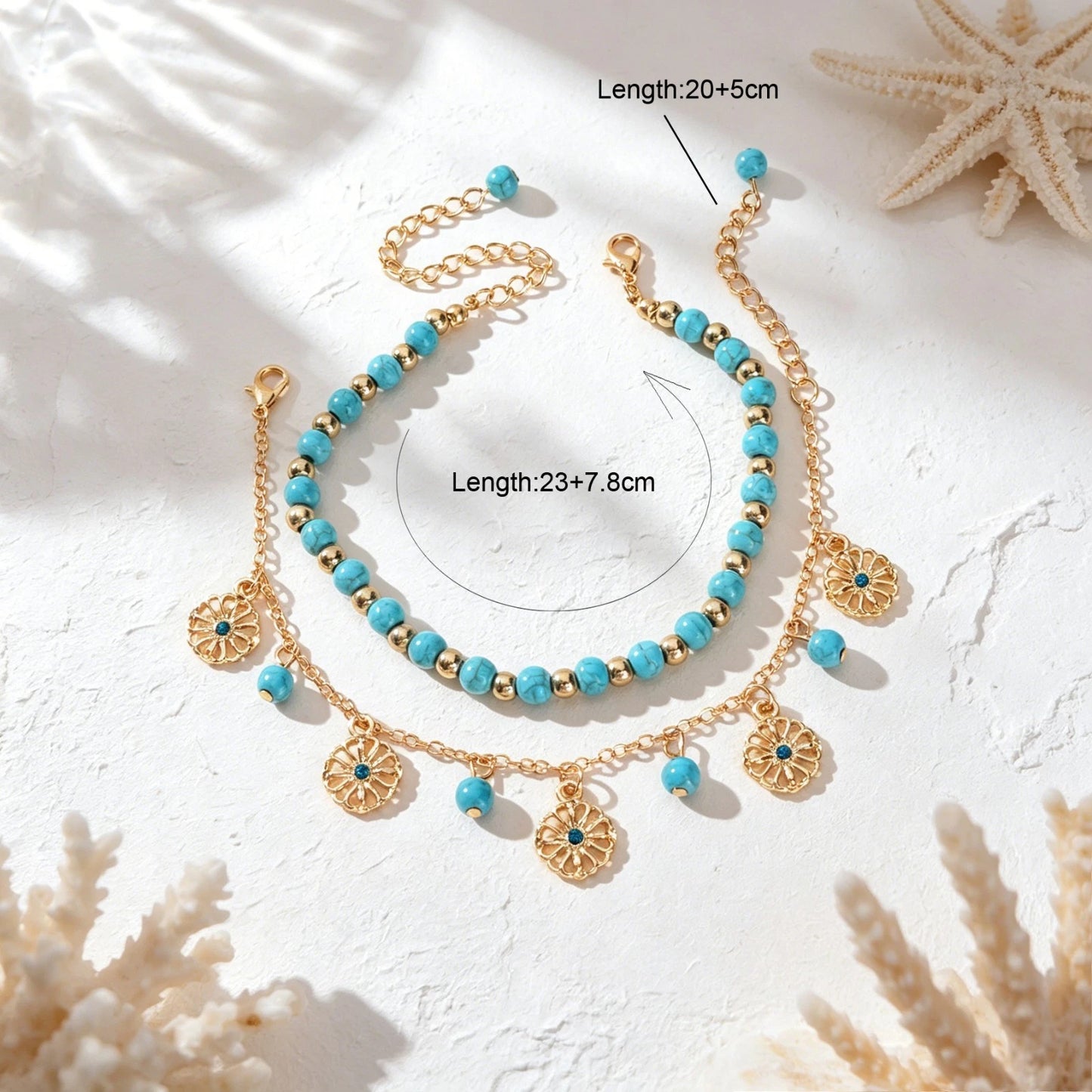 Turquoise Beads Double-Layered Anklet Round Pendant Boho Chic Foot Jewellery