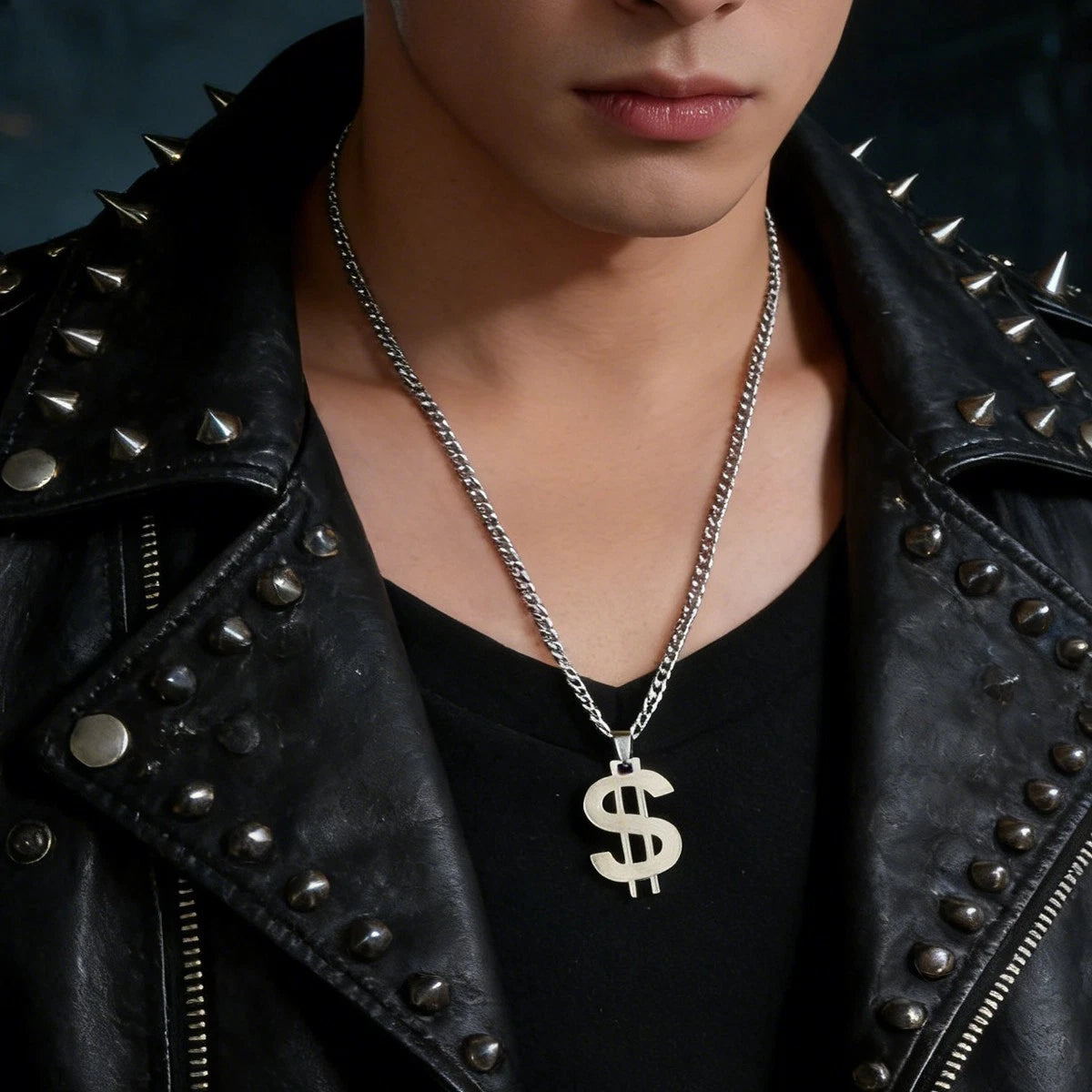 Silver Dollar Sign Pendant Necklace Hip Hop Punk Cuban Link Chain Men Jewellery