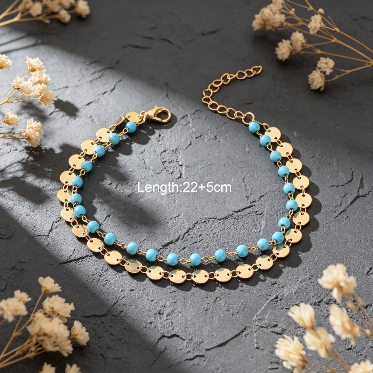 Bohemian Style Beach Vacation Gold Silver Disc Chain Turquoise Bead Layered Anklet Foot