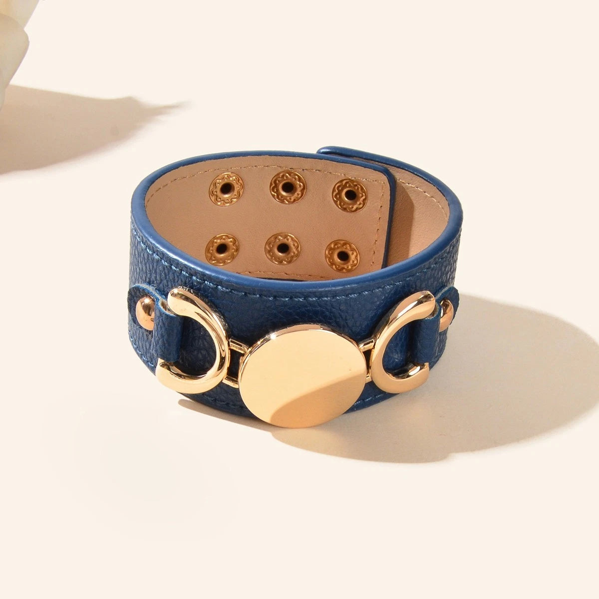 Casual Men's Jewellery Blue PU Leather Gold Metal Buckle Wide Wristband Bracelet