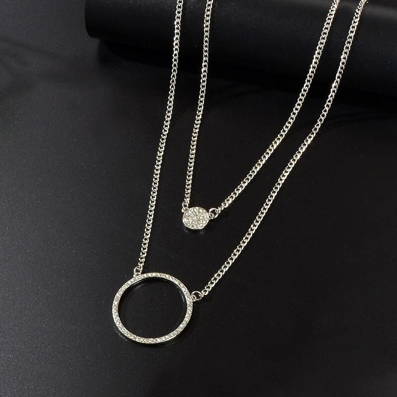 Silver Double-Layered Large Circle Pendant Necklace - Stylish Statement Jewelry