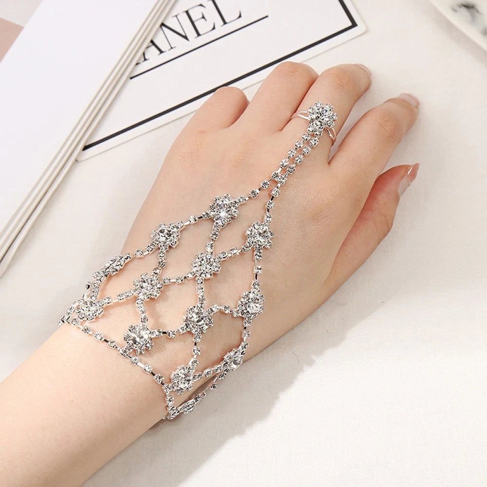 Wedding Party Bride Jewelry Luxurious Rhinestone Flower Ring Bracelet Connector