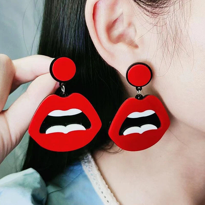 Personality Creative Red Lips Acrylic Statement Dangle Earrings Party Jewellery