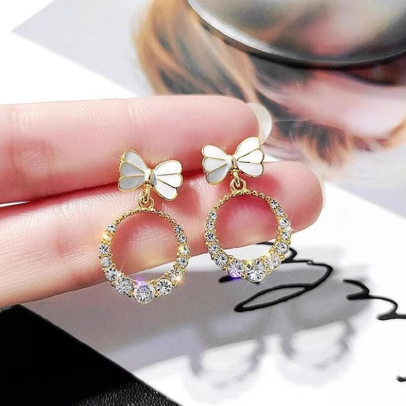 Women Teen Girls White Enamel Bow Rhinestone Circle Stud Lightweight Earrings