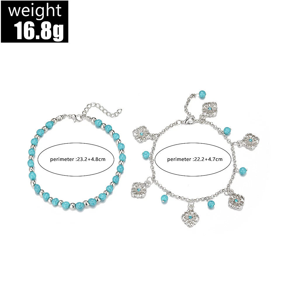 Turquoise Beads Double-Layered Anklet Round Pendant Boho Chic Foot Jewellery