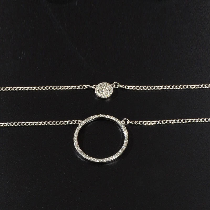 2 pcs Gold Silver Chain Rhinestone Round Circle Pendant Necklace Jewellery Gift