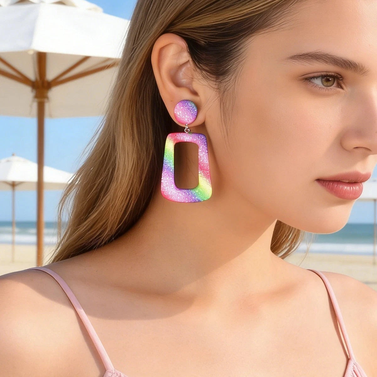 Rainbow Color Rectangle Geometric Dangle Statement Drop Earrings for Women Party