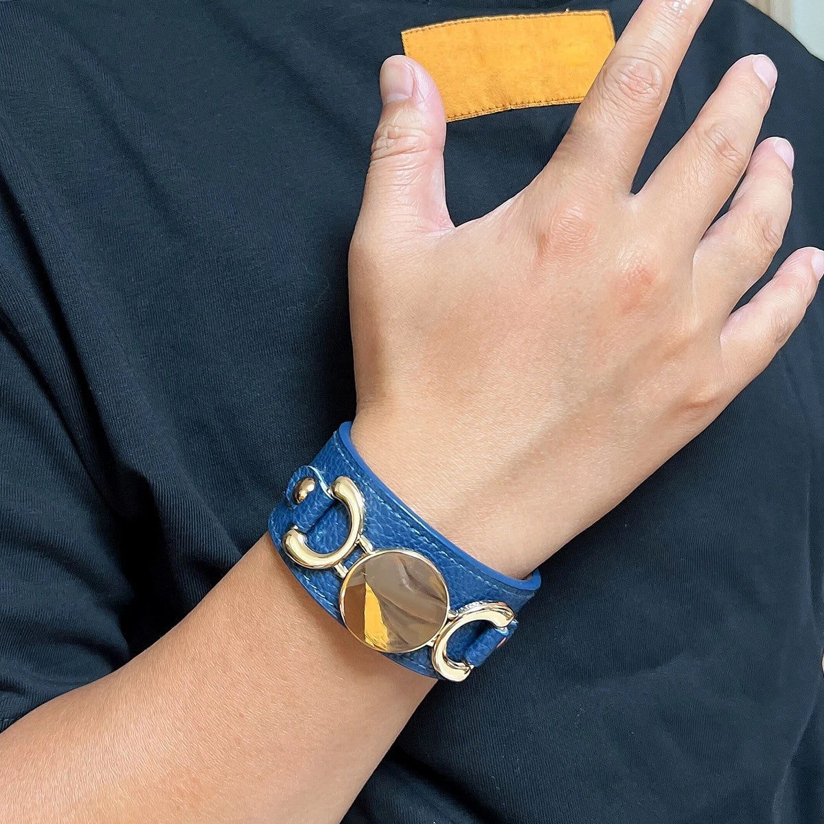 Casual Men's Jewellery Blue PU Leather Gold Metal Buckle Wide Wristband Bracelet