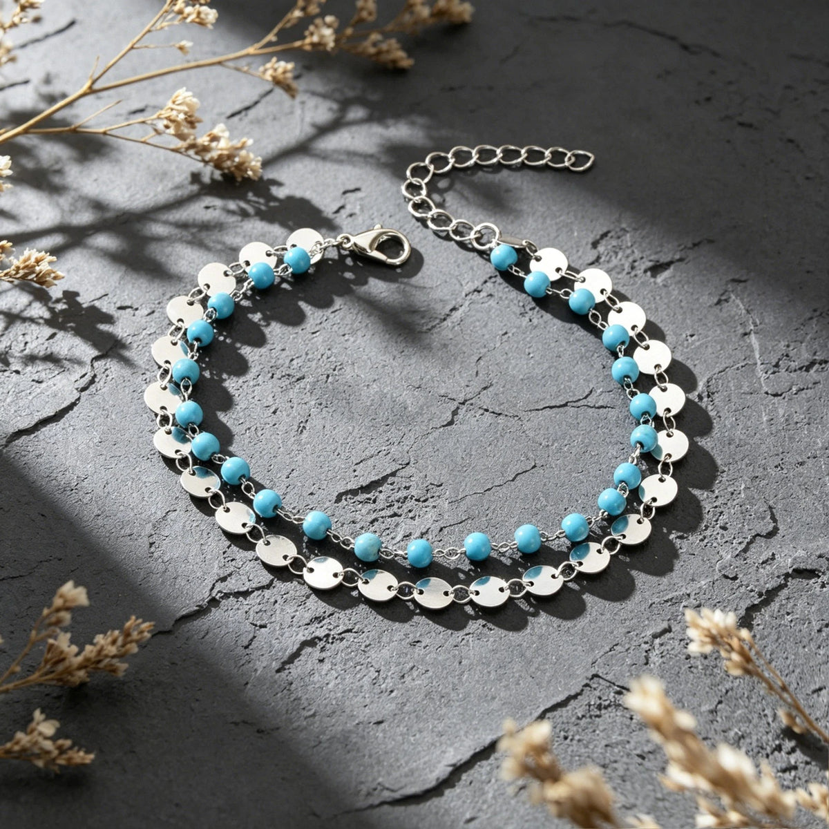 Bohemian Style Beach Vacation Gold Silver Disc Chain Turquoise Bead Layered Anklet Foot