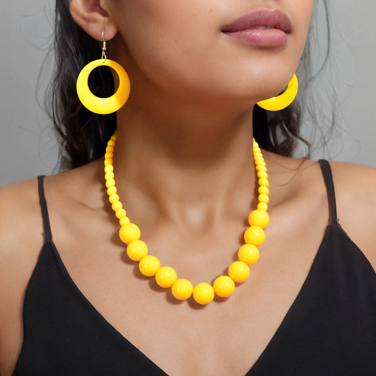 Chunky Hotpink Yellow Beaded Necklace Big Hollow Round Geometric Earrings Statement Set