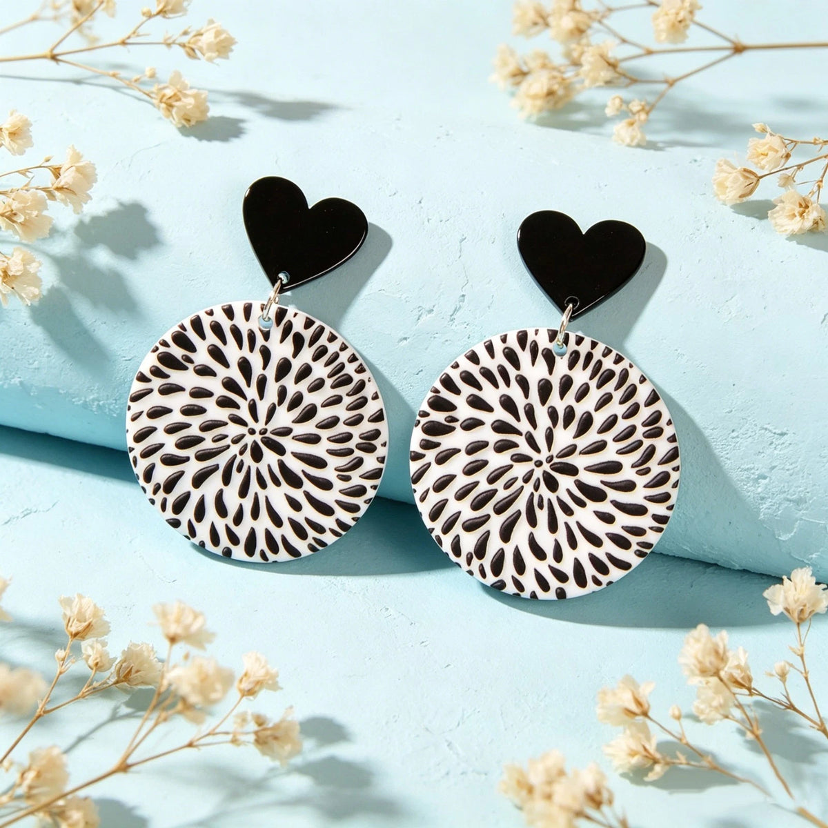Boho Retro White Black Geometric Pattern Heart Round Acrylic Holiday Earrings