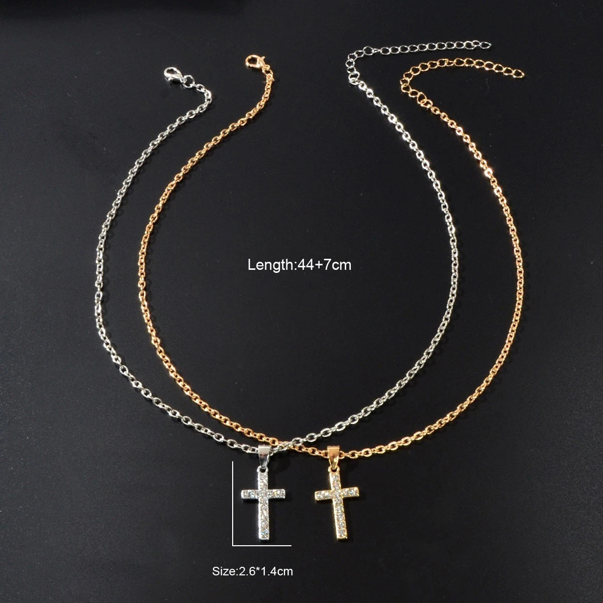 2 pcs Men Gold Silver Chain Rhinestone Decor Cross Pendant Necklaces set