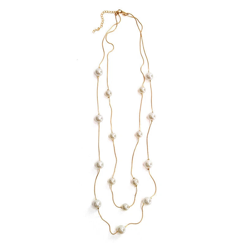 Double Layer Pearl Decor Gold Silver Chain Long Necklace Fashion Accessories