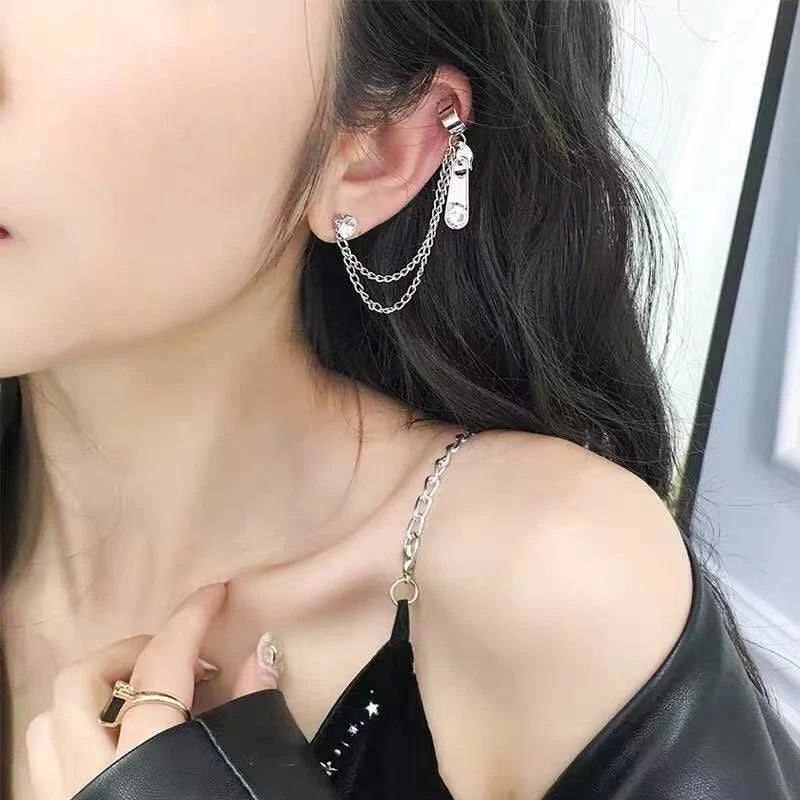 1pc Punk Silver Chain Rhinestone Zipper Shape Stud Cartilage Earrings Ear Cuff