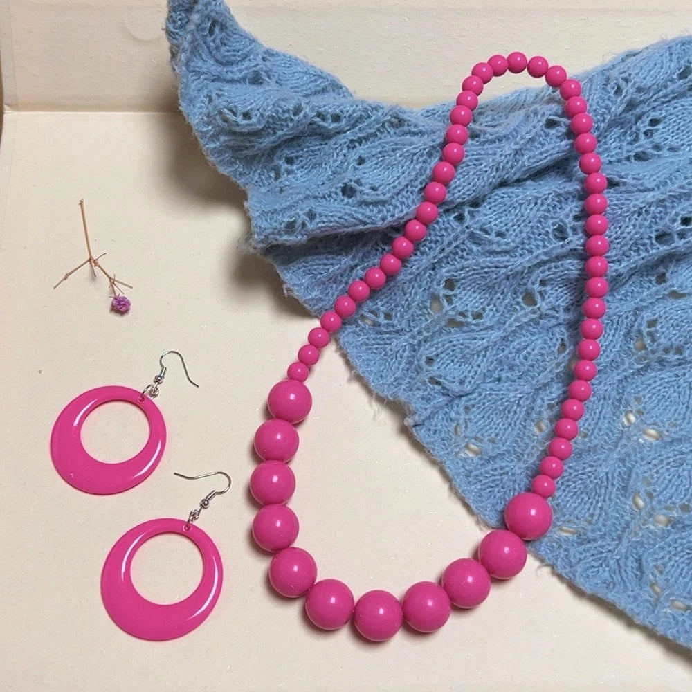 Chunky Hotpink Yellow Beaded Necklace Big Hollow Round Geometric Earrings Statement Set