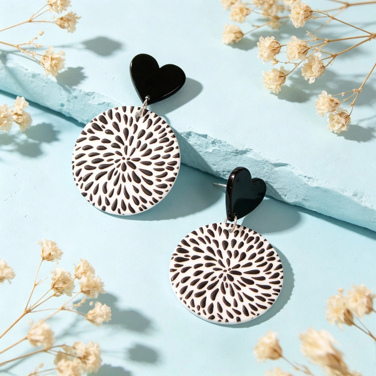 Boho Retro White Black Geometric Pattern Heart Round Acrylic Holiday Earrings