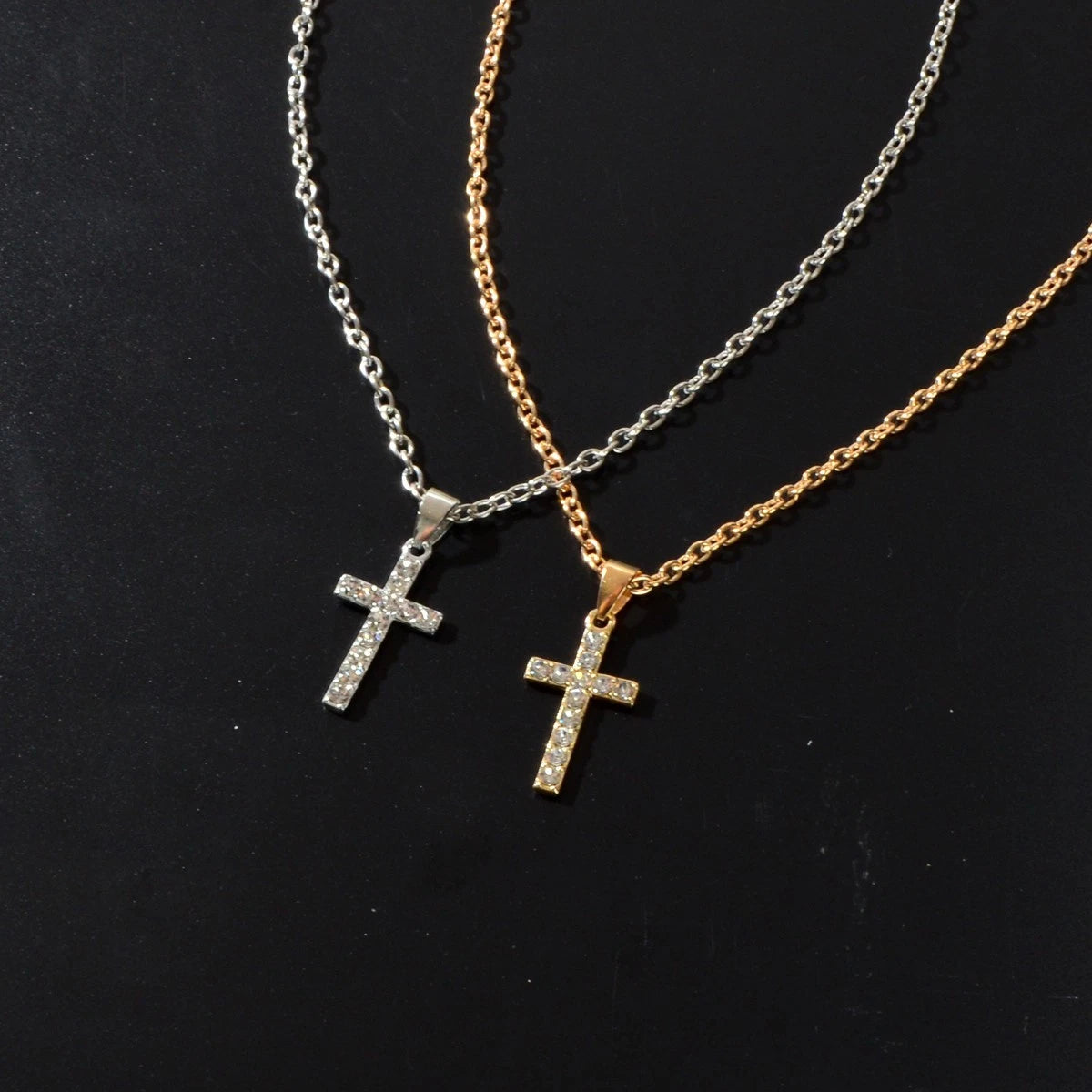 2 pcs Men Gold Silver Chain Rhinestone Decor Cross Pendant Necklaces set
