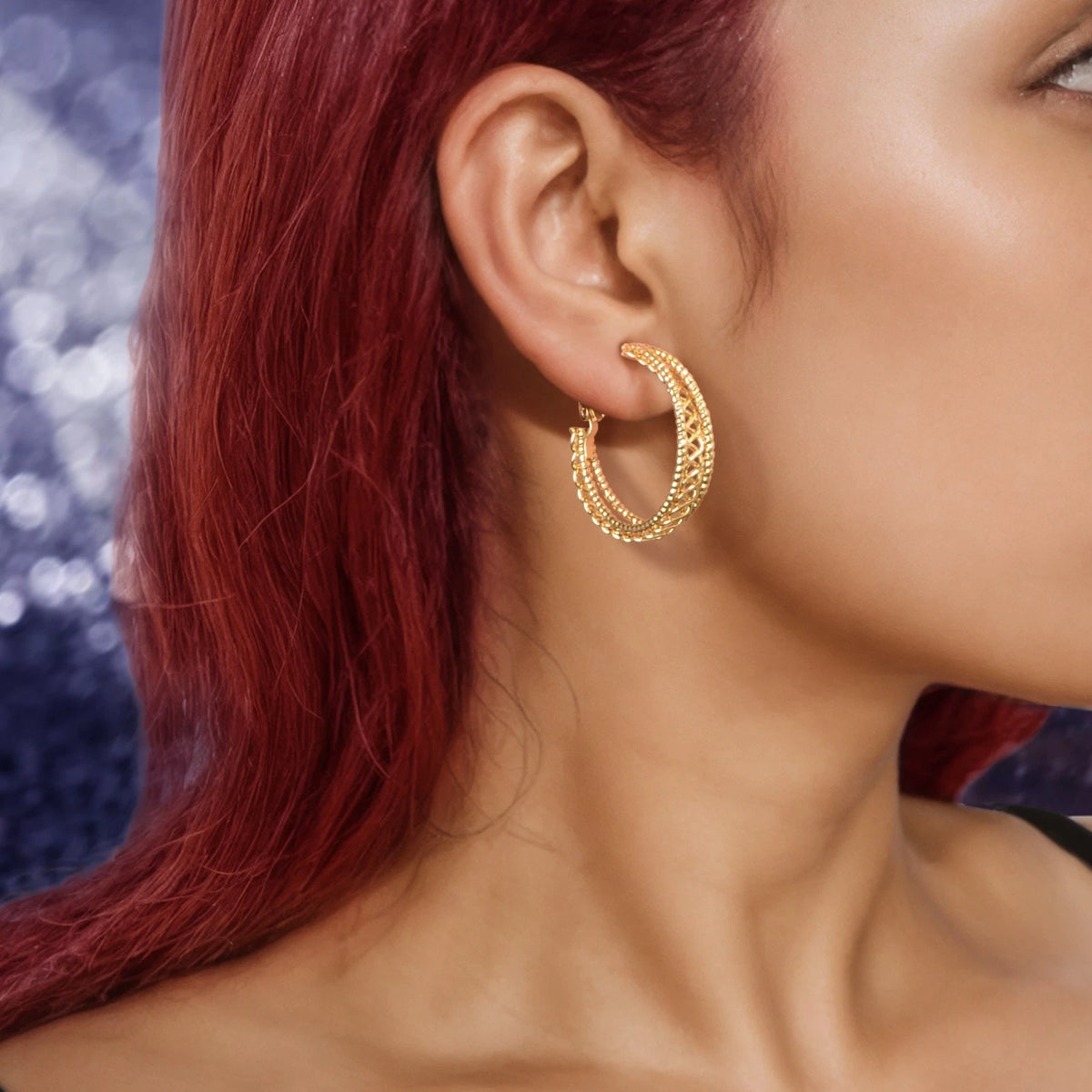 Women Gold Hollow Out Chunky Thick Open Twisted Huggie Statement Hoop Earrings