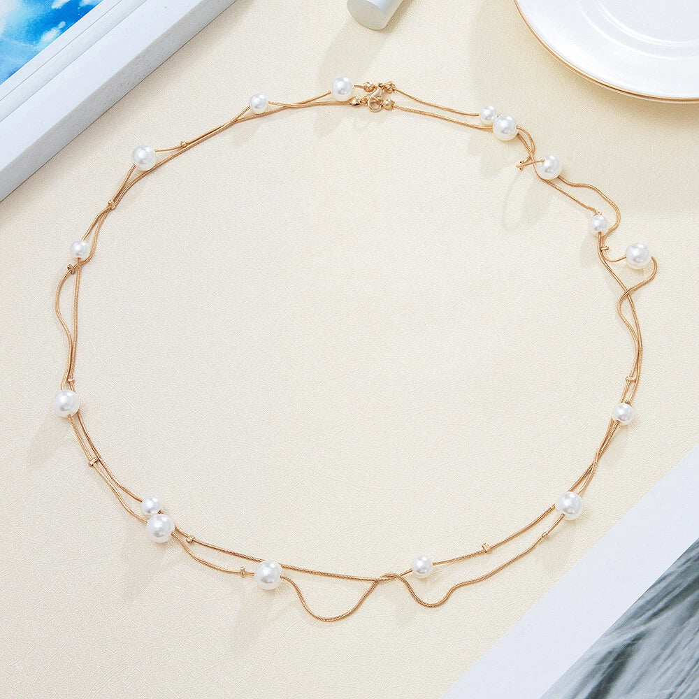 Double Layer Pearl Decor Gold Silver Chain Long Necklace Fashion Accessories