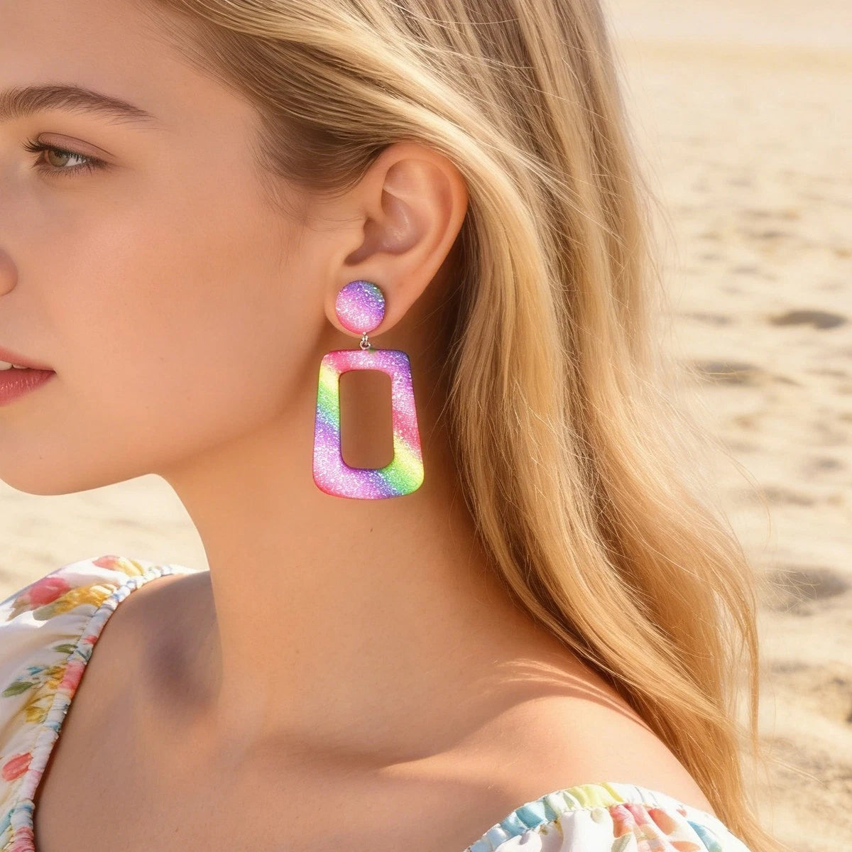 Rainbow Color Rectangle Geometric Dangle Statement Drop Earrings for Women Party