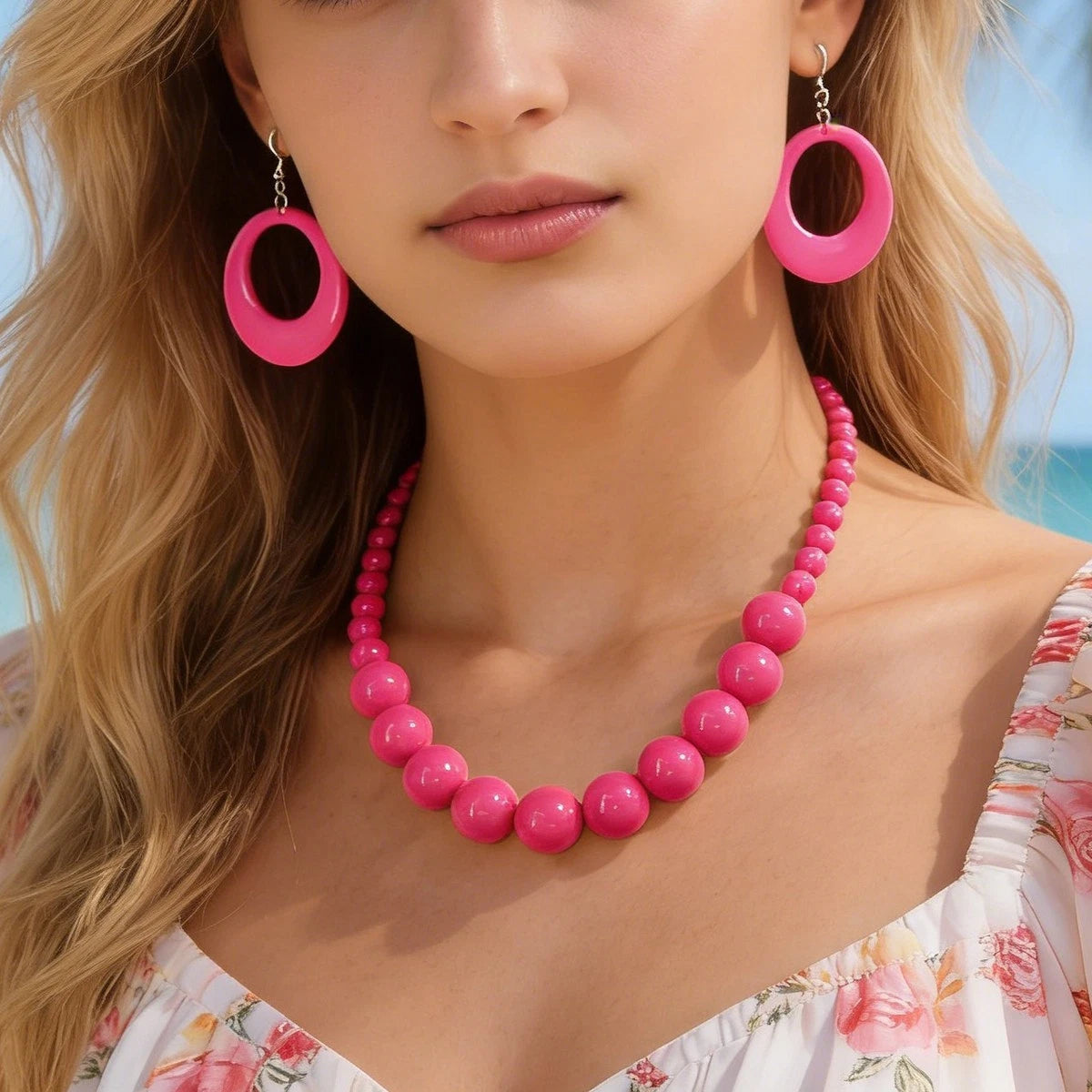 Chunky Hotpink Yellow Beaded Necklace Big Hollow Round Geometric Earrings Statement Set