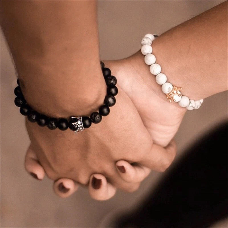 2pcs Crown Marble Lava Stone Beads Boho Ethnic Bracelet set Chunky Jewelry Gift