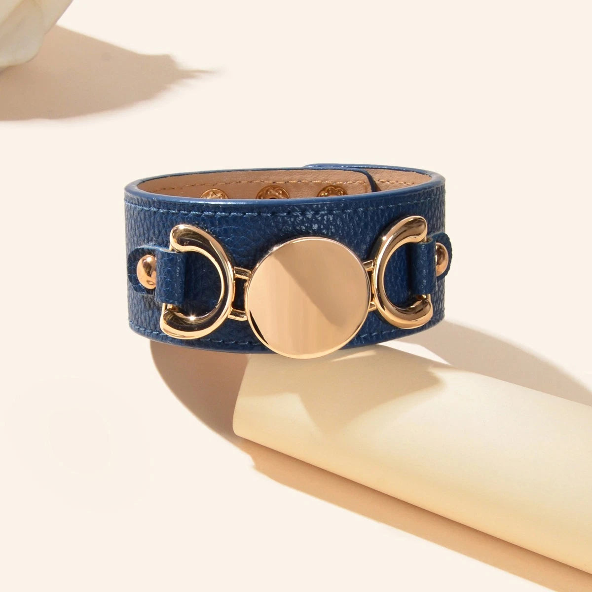 Casual Men's Jewellery Blue PU Leather Gold Metal Buckle Wide Wristband Bracelet
