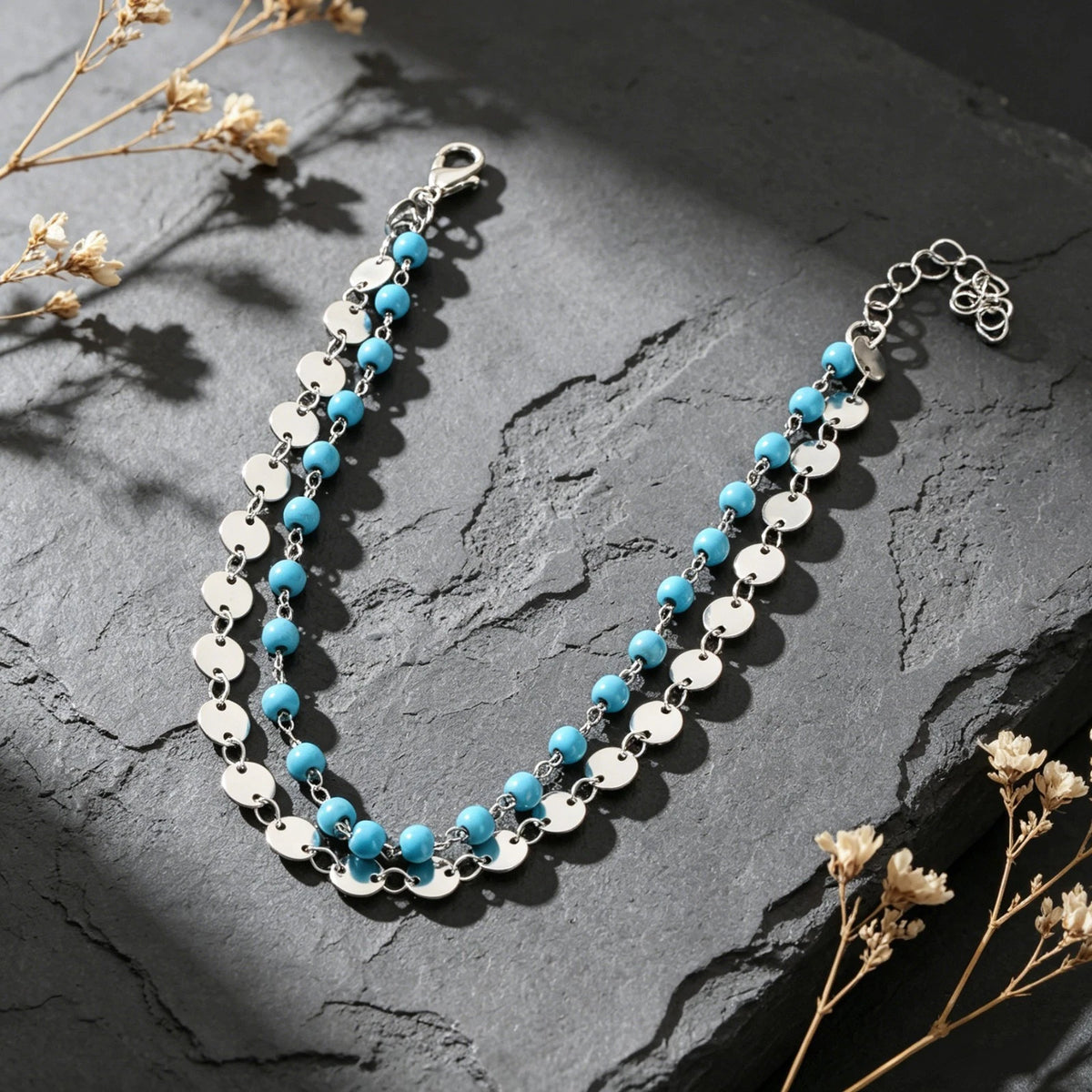 Bohemian Style Beach Vacation Gold Silver Disc Chain Turquoise Bead Layered Anklet Foot