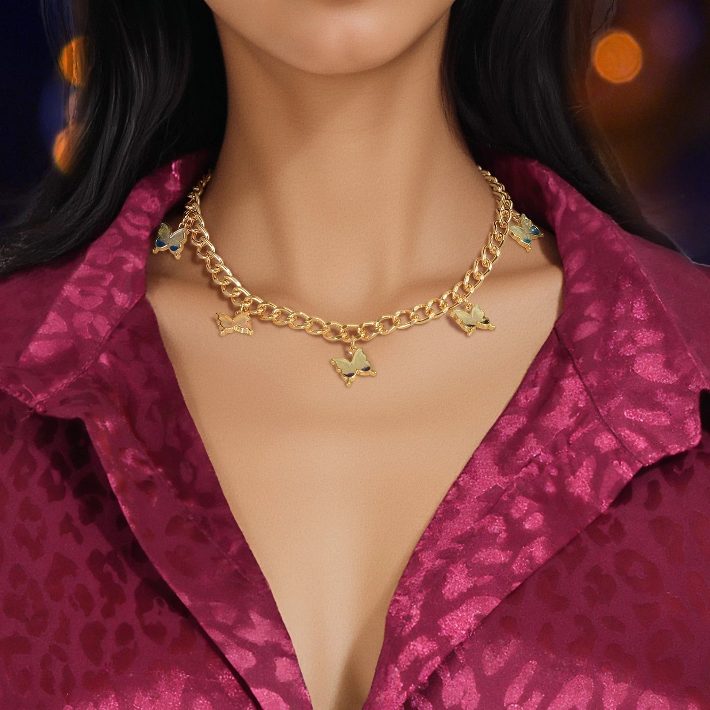 Hip Hop Colorful Enamel Bling Butterfly Charm Necklace Clavicle Chain Choker