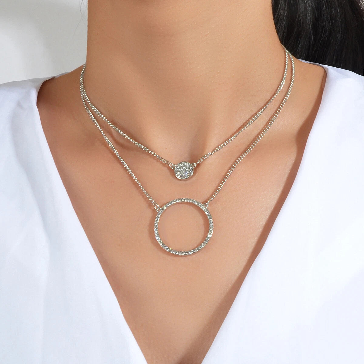 Silver Double-Layered Large Circle Pendant Necklace - Stylish Statement Jewelry