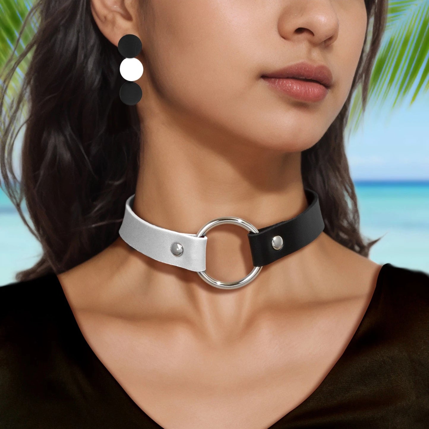Gothic 90s Silver PU Leather Punk Tattoo Choker Necklace Round Circle Collar