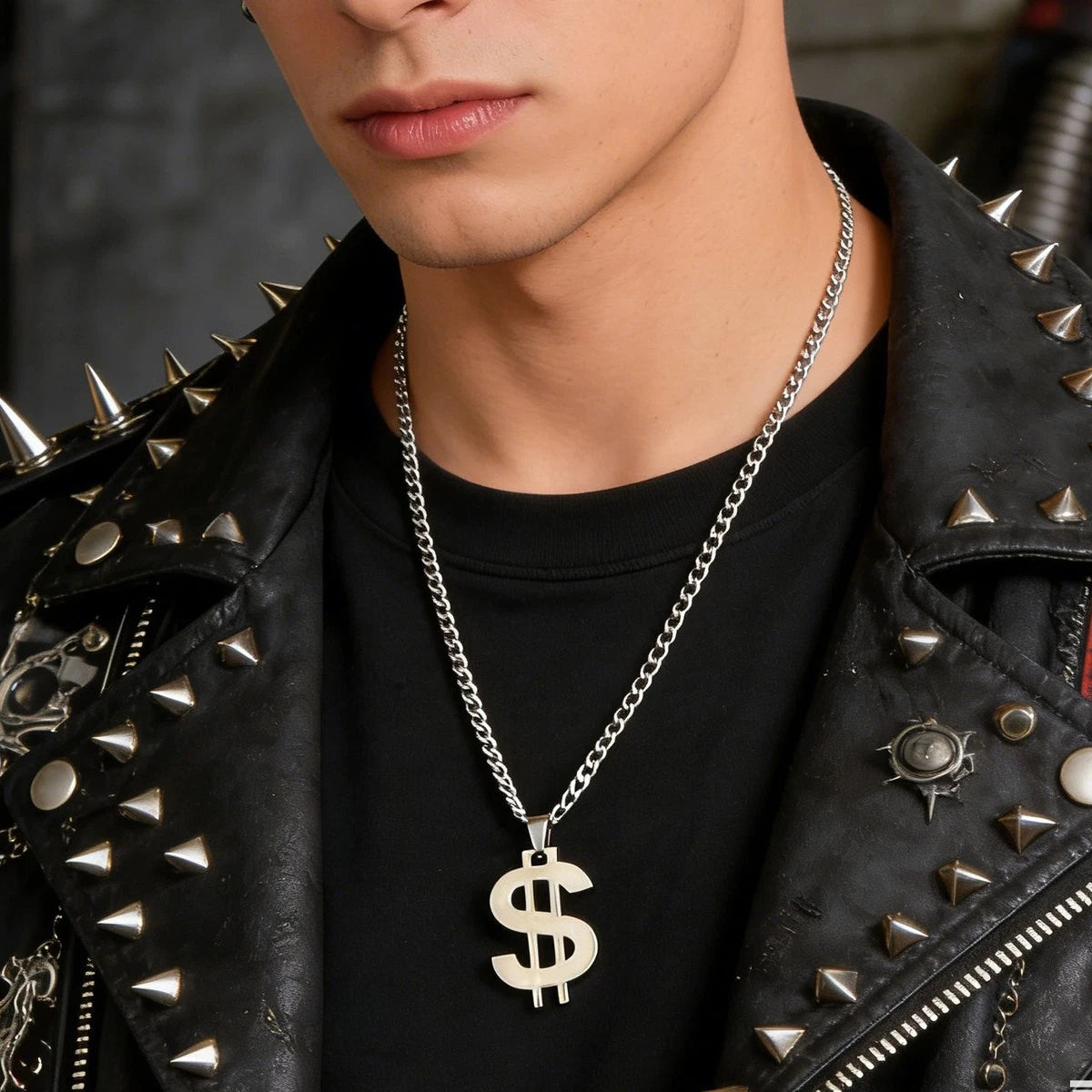 Silver Dollar Sign Pendant Necklace Hip Hop Punk Cuban Link Chain Men Jewellery
